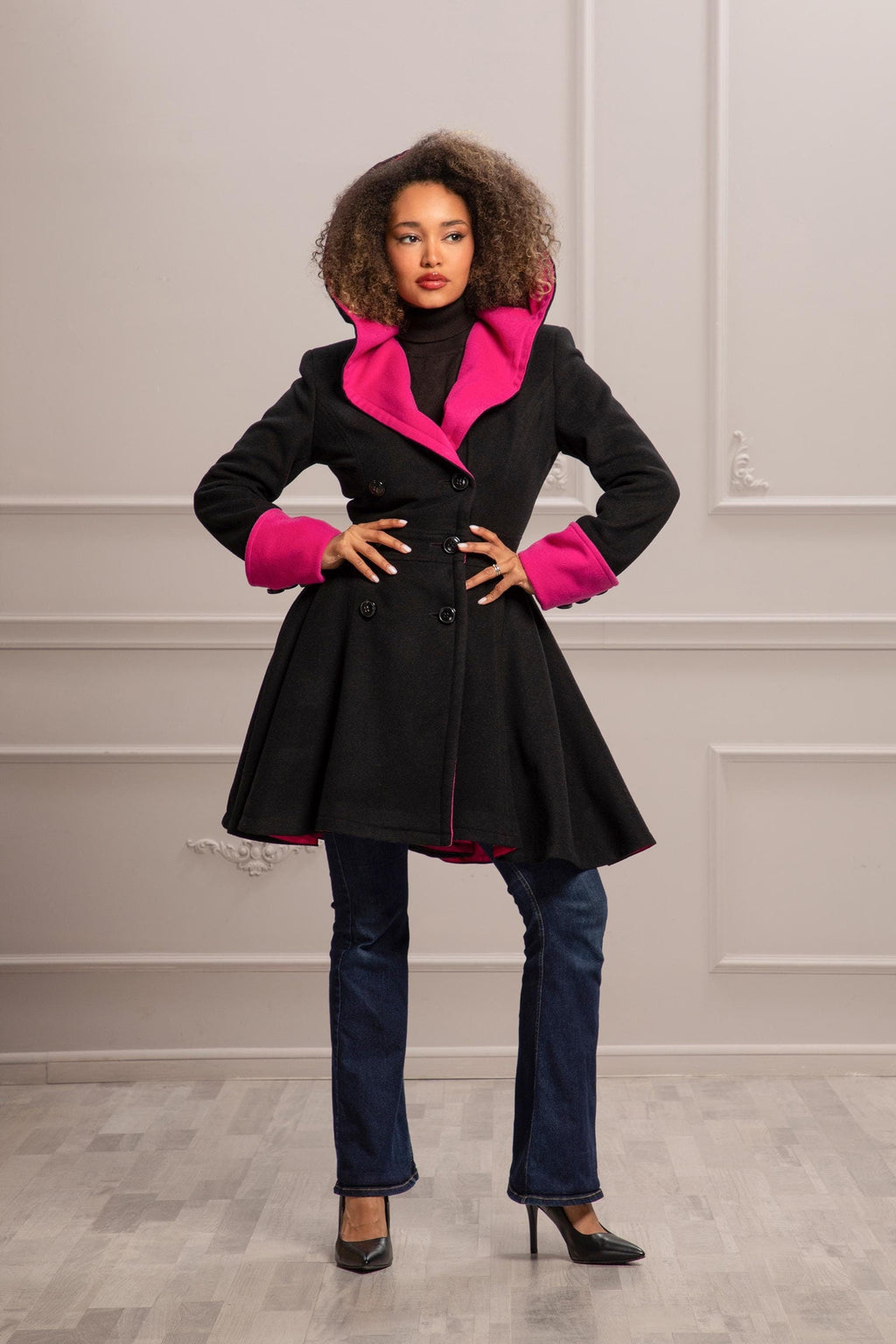 FUSCHIA & BLACK SKIRT COAT - Astraea