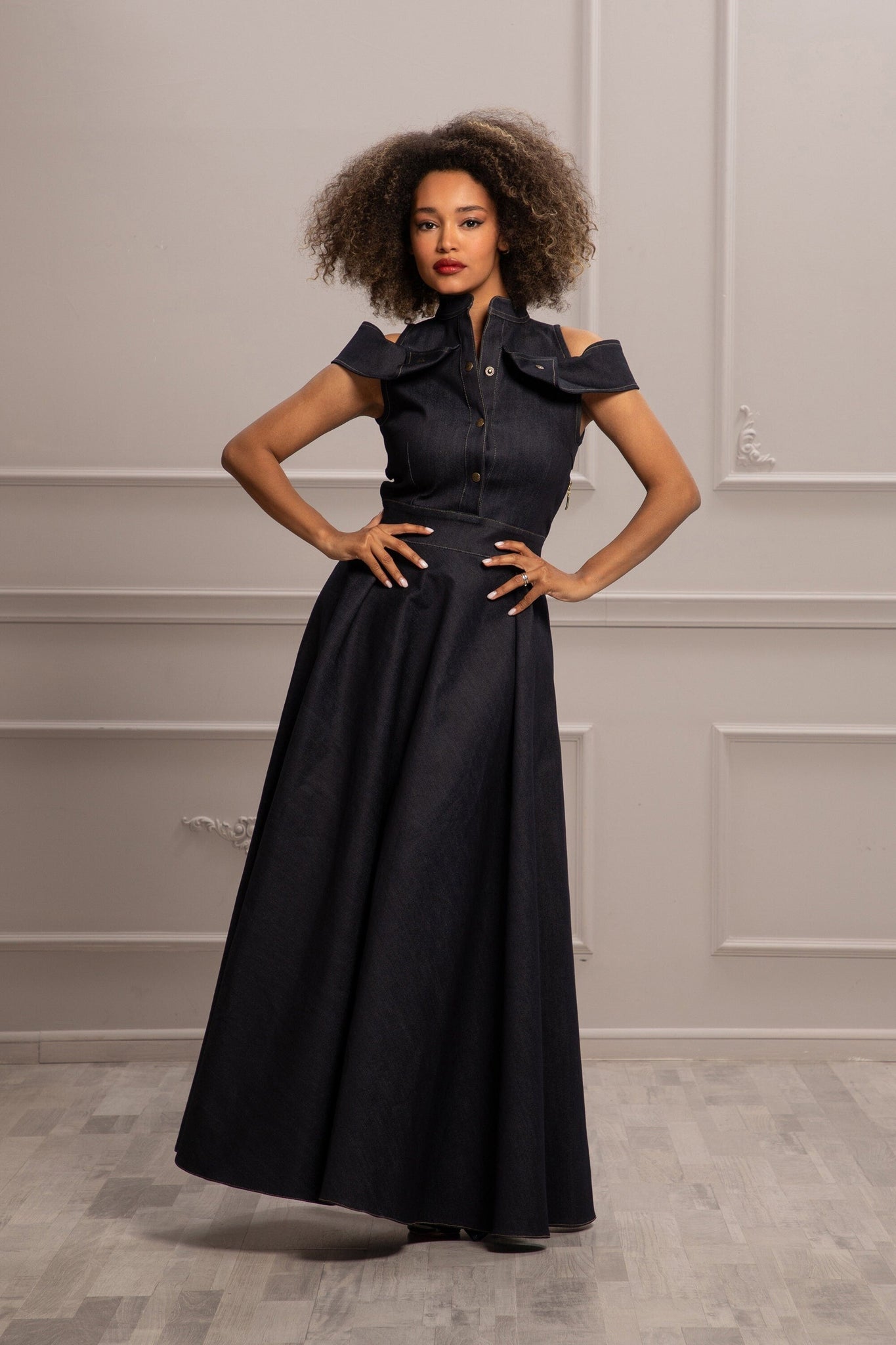 open shoulder denim dress Denim Off The Shoulder Midi Dress Yourdarlingstyle