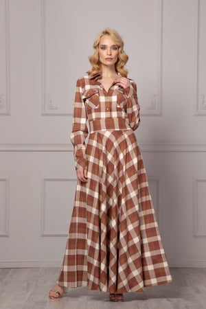 BEIGE & BROWN PLAID DRESS - Astraea