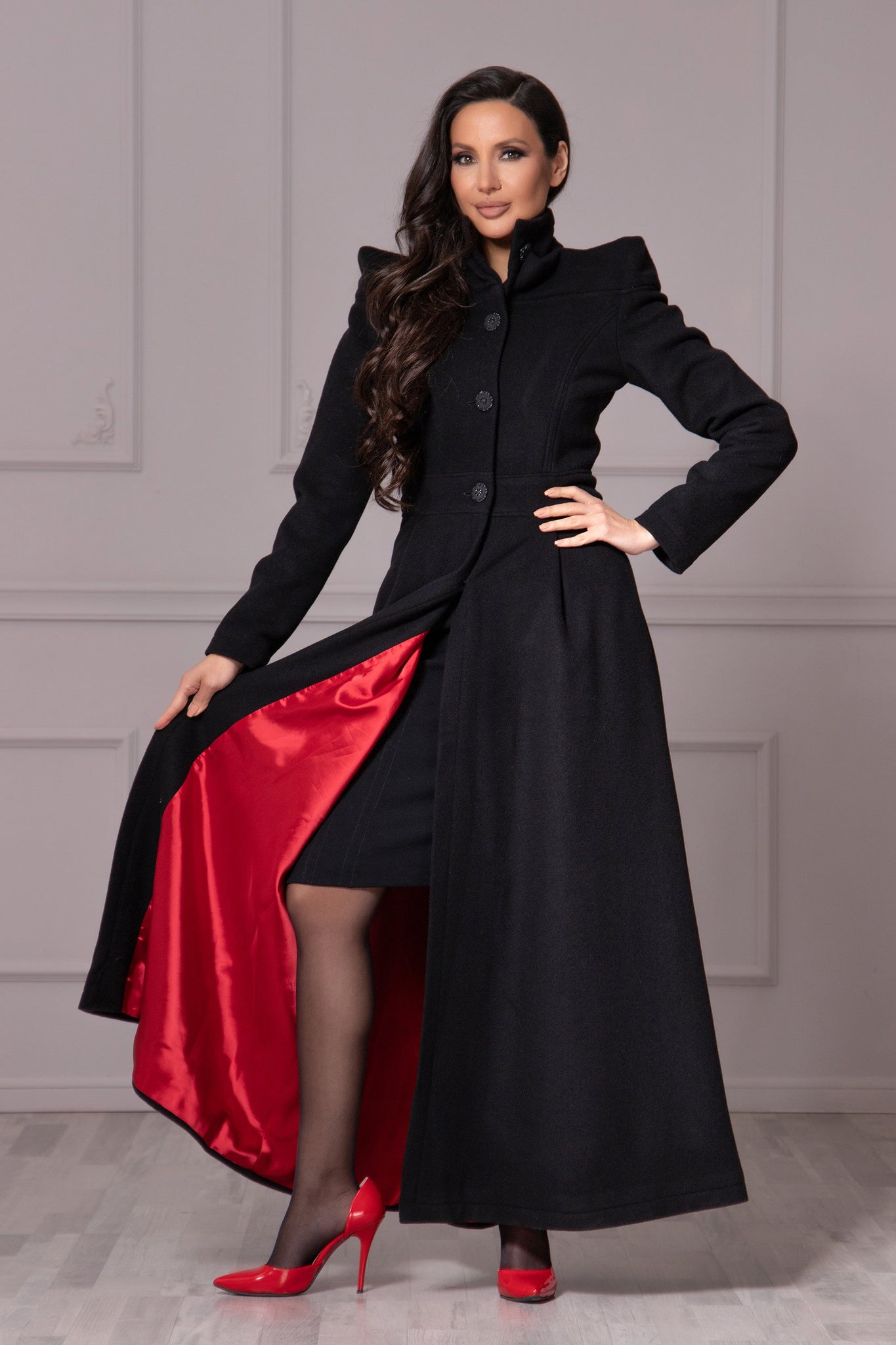 FLOOR LENGTH RED-LINED COAT Astraea FLOOR LENGTH RED-LINED COAT Astraea