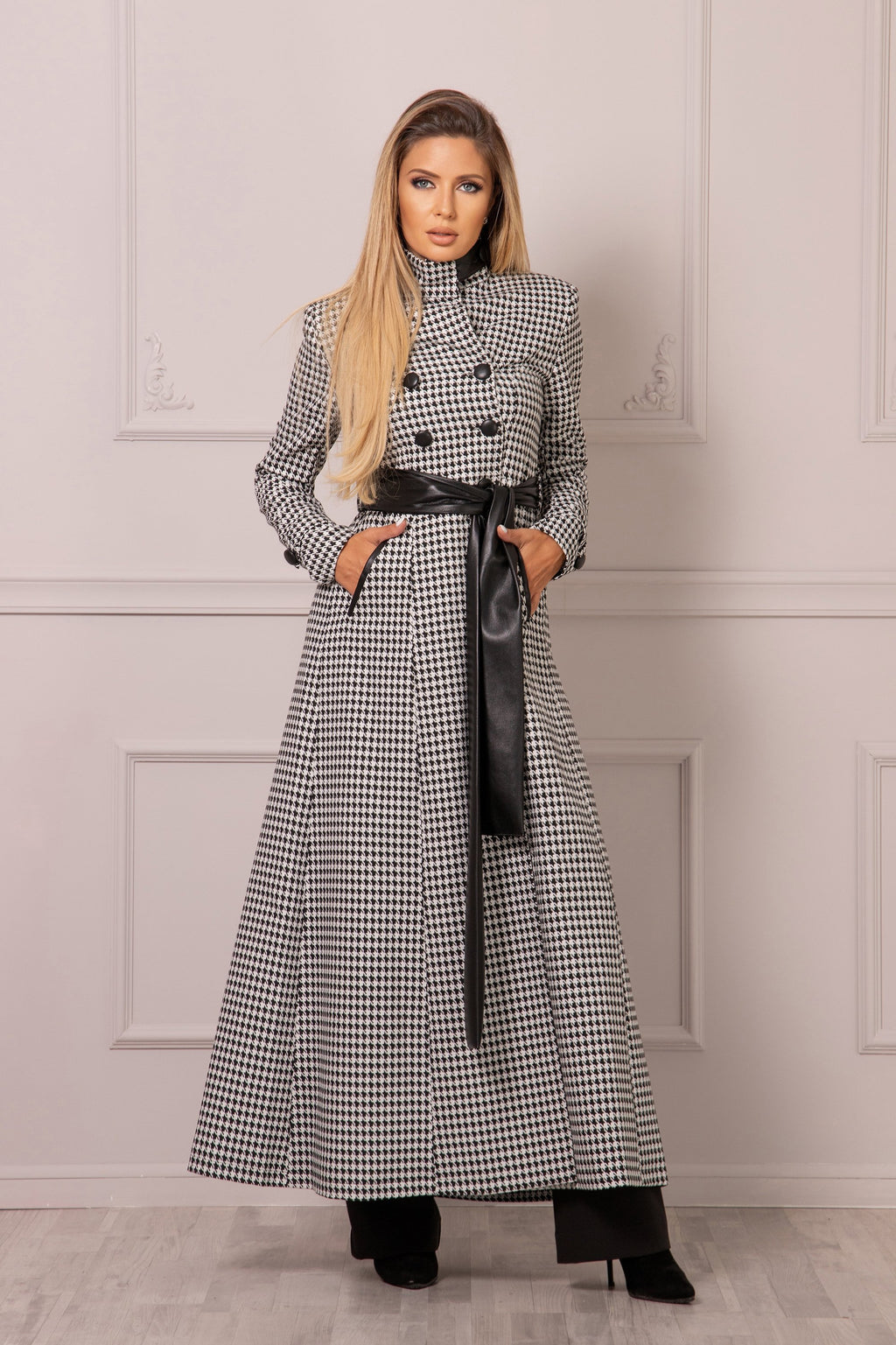 Houndstooth Maxi Coat - Astraea