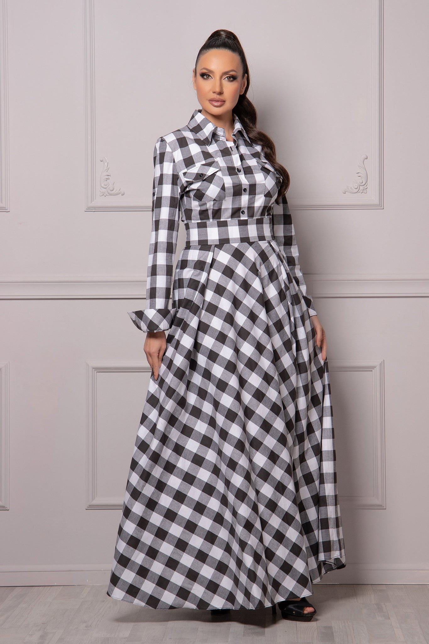 LONG SLEEVE PLAID DRESS Astraea LONG SLEEVE PLAID DRESS Astraea