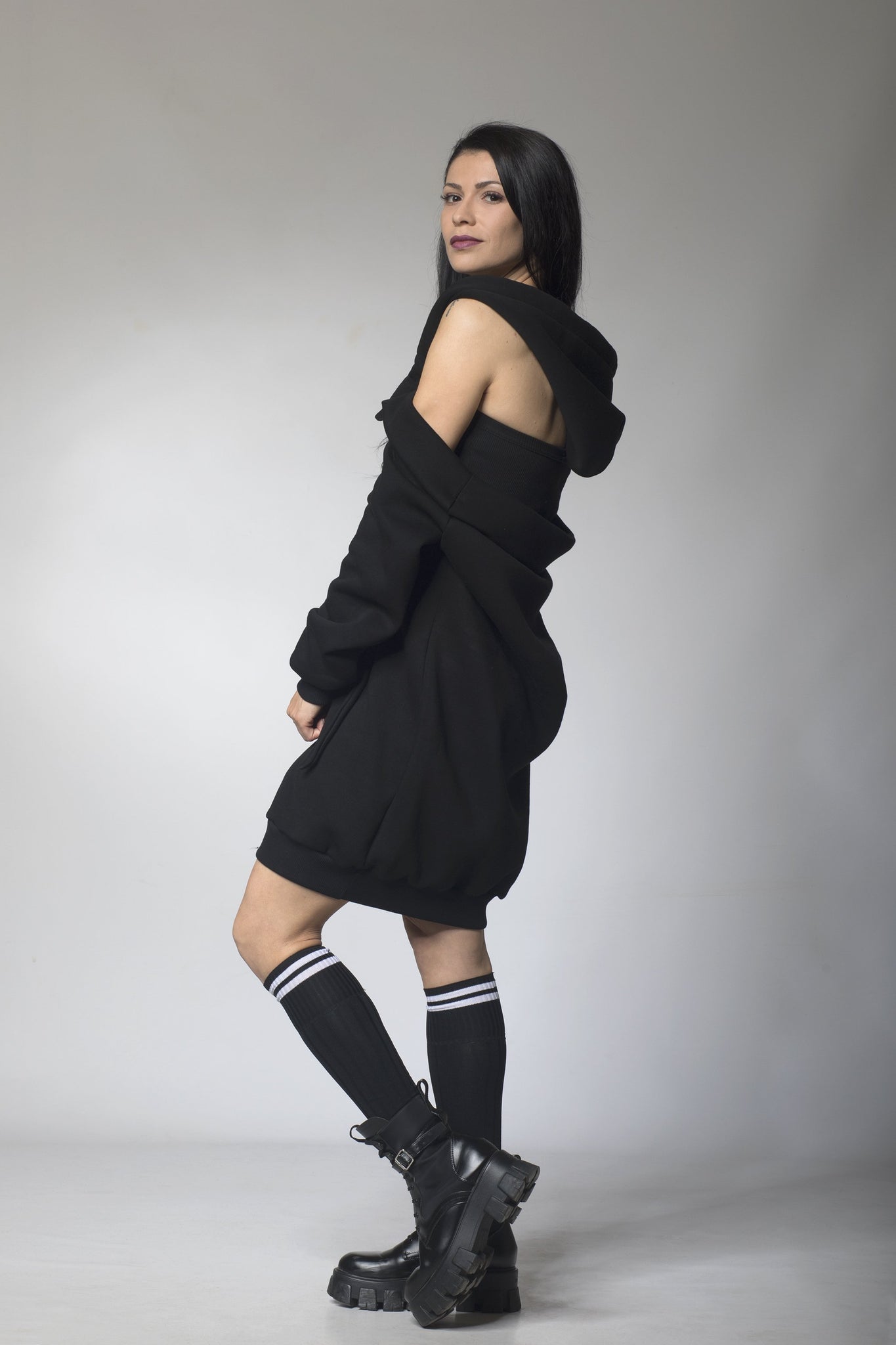 backless hoodie dress Womens Charcoal Washed Backless Hooded Dress Darker Wavs