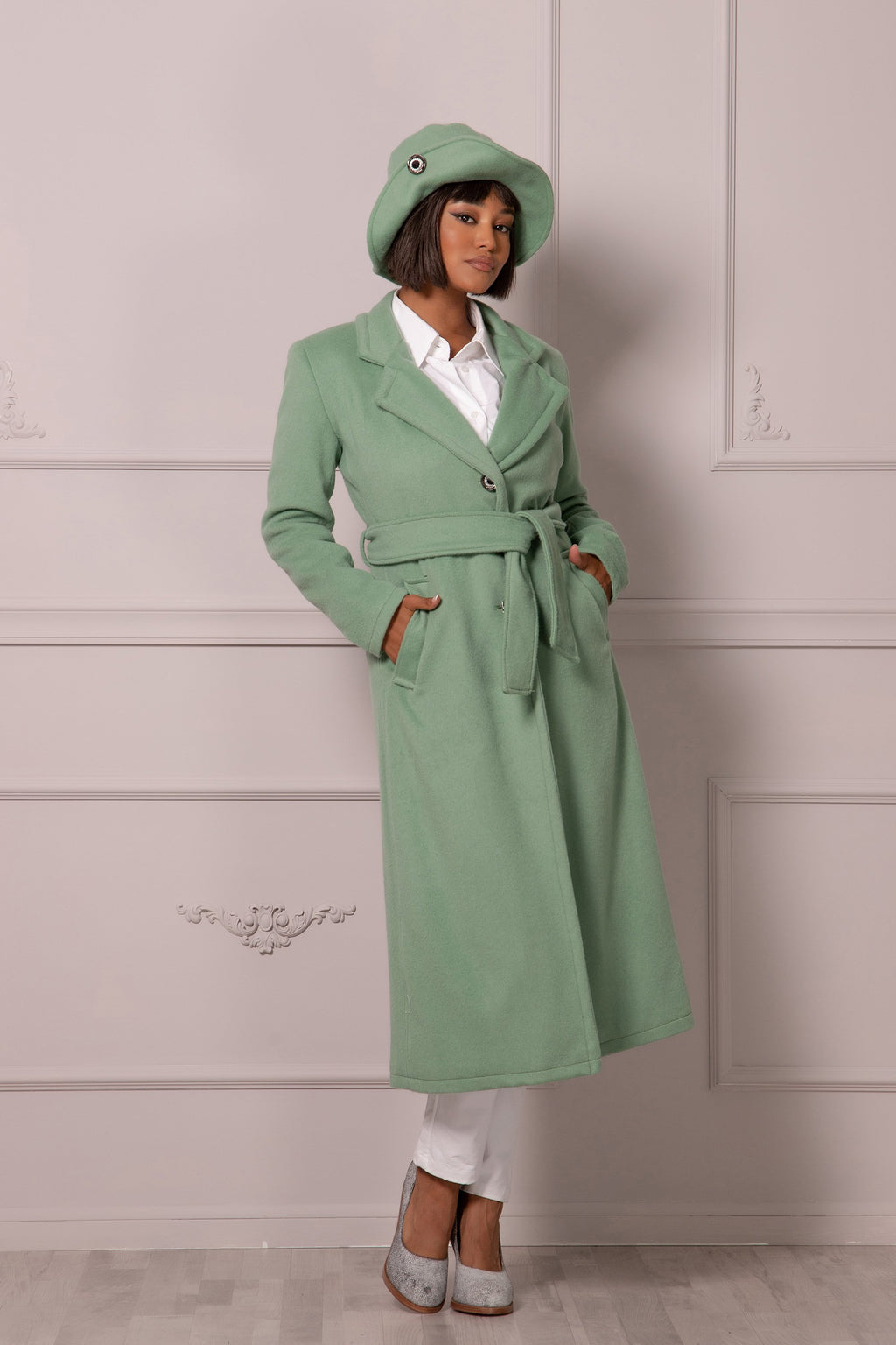 PALE GREEN BELTED COAT - Astraea